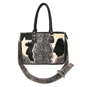 Western Cowhide Leather Tote Bag for Women Handmade Floral Tooled <b>Shoulder</b> Handbag with Adjustable <b>Strap</b> - Product Image 1