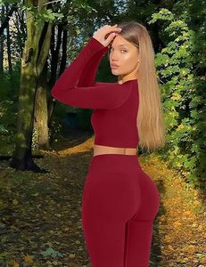 Seamless Yoga Set <b>Women</b> High Waist <b>Leggings</b> Crop Top Full Sleeve Sport Wear Two Piece Gym Outfit Stretchable Activewear - Product Image 5