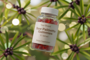 Nouvel arrivage en stock – Gummies de palmetto de haute qualité, non-OGM, véganes, en forme de baie, en bouteille PET rouge, extrait 5:1, 30 mg, pour adultes, 60 unités - Product Image 1