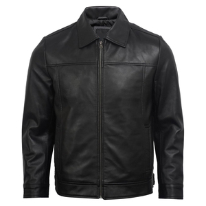 Men's <b>Black</b> Genuine Leather Moto <b>Jacket</b> Turn-down Collar Zipper Closure Regular Fit Solid Color Autumn Wear - Product Image 2