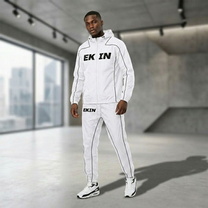Wholesale High Quality Men's Sportswear Set <b>Zip</b> <b>Up</b> Hooded Jacket and Trousers Running Tracksuit 2 Piece Outfit <b>White</b> - Product Image 3