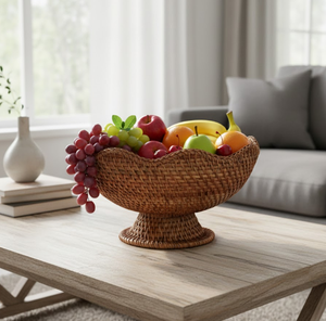 Cesta de mimbre natural tejida a mano con borde ondulado, para frutas, aperitivos, para mesa de centro, cocina, decoración del hogar, de Vietnam. - Product Image 4