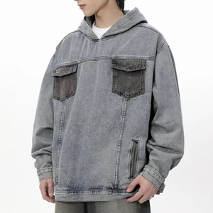 เสื้อแจ็คเก็ตฮู้ดดี้ยีนส์สีน้ำเงินฟอกสไตล์วินเทจสำหรับผู้ชาย พิมพ์ลายสก็อตบุขนแกะ ทรงปกติ สกรีนโลโก้ได้ สไตล์สตรีทแวร์ - Product Image 3