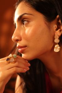 Natural <b>Rose</b> <b>Quartz</b> & Baroque Freshwater Pearl Statement handmade Drop <b>Earrings</b> in Gold Plated Brass - Product Image 5