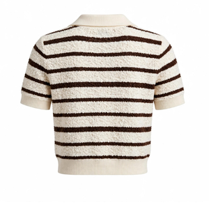 Pull tricoté rayé à manches courtes avec col rabattu, texture tricotée, haut décontracté et tendance, 100 % coton, écologique, vente en gros - Product Image 2
