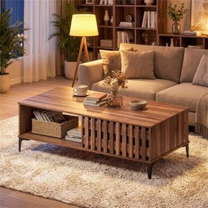 47-Inch Mid Century Walnut Wooden Look Coffee Table with <b>Storage</b> Cabinets & <b>Open</b> Compartment Heavy Duty Accent Table - Product Image 2