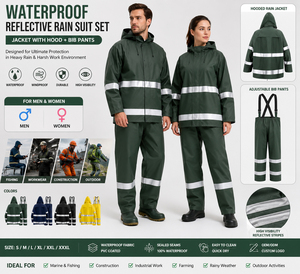 Ensemble de vêtements de pluie imperméables réfléchissants pour hommes et femmes, avec capuche, veste de pluie en PVC, pantalon à bretelles, vêtements de travail pour la pêche, vêtements de sécurité - Product Image 6