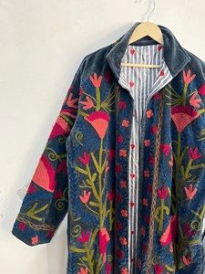 Boho Floral Long Suzani Embroidered <b>Velvet</b> Jacket <b>Women's</b> Artisan Handmade Vintage Ethnic Full Sleeve Long Winter <b>Coat</b> - Product Image 2