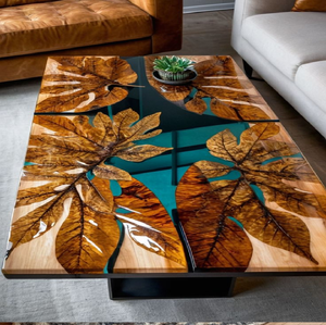 Table d'appoint en résine époxy au design unique de feuilles tropicales, disponible à prix de gros pour les distributeurs de meubles en gros. - Product Image 1