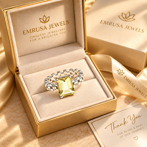 Lemon Quartz 925 Sterling Silver <b>Ring</b> – <b>Emerald</b> Cut Gemstone with Checkerboard Link <b>Band</b> - Product Image 6