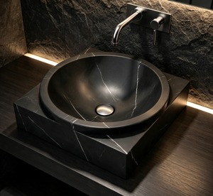 Évier de comptoir rond en céramique moderne, finition marbre noir, vasque durable pour la décoration de la salle de bain à domicile - Product Image 1