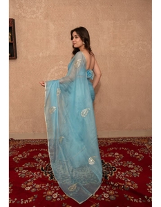 Sari Tradicional KV Aasmani de Seda Kota Azul para Fiestas, Reversible y Sin Arrugas, de Secado Rápido, con Blusa Sin Coser - Product Image 3