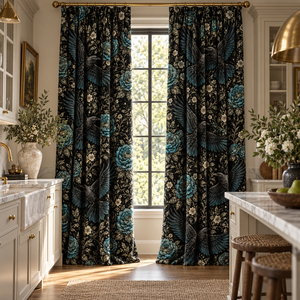 Paneles de Cortina con Estampado de Aves Florales Negras para Ventana de Cocina, Estilo Clásico - Product Image 3