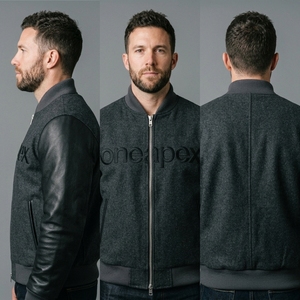 Veste en laine gris anthracite pour homme avec manches en cuir noir, col et poignets en tricot côtelé, fermeture éclair intégrale, style streetwear décontracté haut de gamme, veste personnalisée - Product Image 5