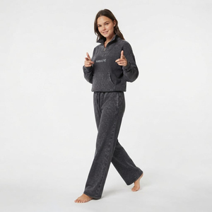 <b>Women</b> Oversized Acid Wash Tracksuit Set <b>Quarter</b> <b>Zip</b> Pullover Sweatshirt Loose Pants Casual Streetwear Fashion Clothing Wholesale - Product Image 5