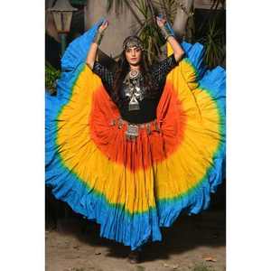 Falda Larga Étnica Boho de Rayón con Estampado Tie Dye, Azul con Degradado Amarillo y Naranja, Falda Maxi para Festivales, Ropa Casual de Verano - Product Image 1