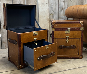 Vintage Leather Bedside Trunk Cabinet Set Antique <b>Storage</b> <b>Chest</b> Nightstand Drawer Metal Accents Large Capacity Space Living Room - Product Image 2