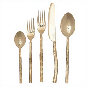 Gold Textured Twig Handle Cutlery Set Stainless Steel <b>Spoon</b> Fork Knife Tableware Wholesale Custom Fine Dining Kitchen Decor Sets - Product Image 1