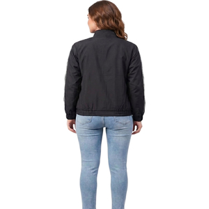Veste de course coupe-vent noire pour femme, manches longues, col montant, fermeture éclair, couleur unie, design à rayures contrastées, vêtement d'automne - Product Image 3