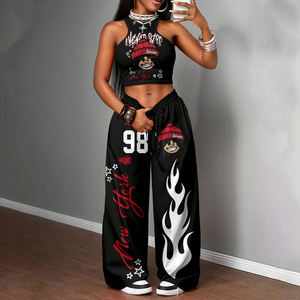 Ensemble deux pièces streetwear unisexe personnalisé pour l'hiver : haut à col montant de longueur standard et pantalon de jogging à jambe large avec motif graphique imprimé flamme - Product Image 6