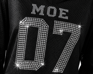 Women's <b>Black</b> <b>Mesh</b> <b>Long</b> <b>Sleeve</b> Customized Hotfix Rhinestone American Football Jersey Boxy V Neck Sparkly Chic Crop <b>Top</b> Wholesale - Product Image 2