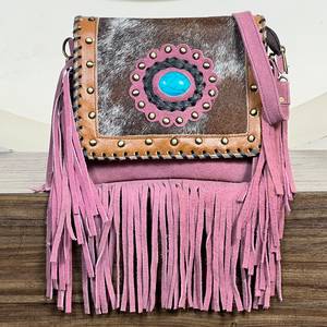 Bolso Bandolera de Cuero Genuino con Flecos y Solapa de Piel de Vaca, Estilo Bohemio Occidental, con Piedra Turquesa, para Mujer, 2026 - Product Image 2