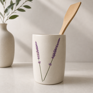 Portautensilios de Cerámica Artesanal con Estampado de Lavanda, Acabado Brillante, Resistente, para Almacenamiento en la Cocina, Decorativo - Product Image 1