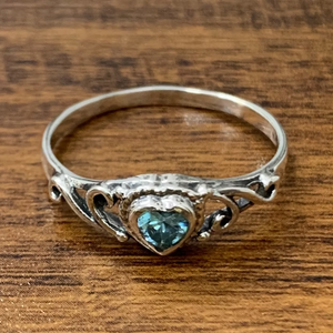 925 Sterling Silver Blue Topaz <b>Ring</b> Heart Shaped Gemstone Filigree <b>Crown</b> Sleek Band Promise Gift - Product Image 2