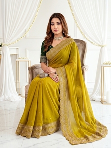 AARA Fashion Green Embroidered Silk Saree <b>Blouse</b> for Women Wedding Traditional Floor Length Regular Fit Sun Protection India - Product Image 4