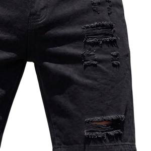 Pantalones Cortos de Mezclilla Rectos para Hombre, Negros, Desgastados, 100% Algodón, Casuales, Transpirables, de Secado Rápido, Estilo Veraniego, Largura hasta la Rodilla, para Uso Diario - Product Image 4