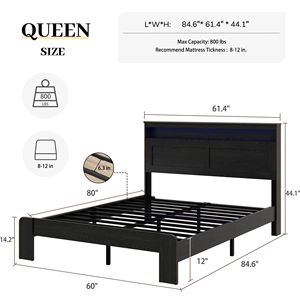 Letto matrimoniale in legno con piattaforma, testiera illuminata a LED e contenitore, 2 USB, silenzioso, non richiede rete a molle - Product Image 5