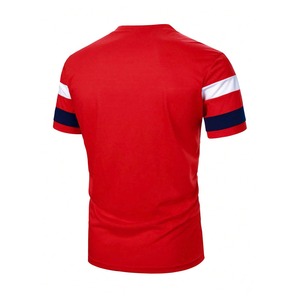 Camiseta de Manga Corta a Rayas Rojas para Hombre, Cuello Redondo, Corte Regular, 100% Algodón Transpirable, con Ribete en Contraste Blanco y Azul Marino - Product Image 2