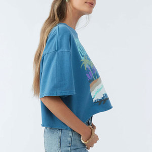 Women's Blue Crop T-Shirt Crew Neck Short Sleeve Printed Casual Loose Fit Spring Summer Wear - Product Image 6