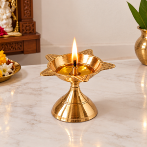 Antique Brass Star Shape Diya Oil Lamp with Pedestal Stand Traditional Puja Deepak for <b>Home</b> Temple Festive Decor - Product Image 4