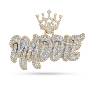 Pendentif personnalisé bicolore en or massif avec diamants de laboratoire et couronne, en or jaune et blanc 14K 18K, style baguette Hip Hop - Product Image 1