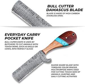 Cuchillo de vaquero forjado a mano de acero de Damasco, personalizado OEM, de espiga completa, hoja fija EDC, mango de madera con funda de cuero tipo pancake - Product Image 3