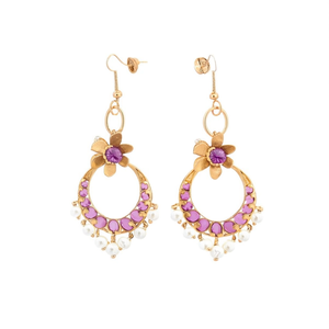 Kemp Gold Plated Drop Earrings with White Pearls-Vintage Ethnic Flower Design for Wedding India - Product Image 3