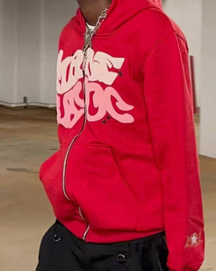 Sudadera con capucha roja para hombre al por mayor, estilo urbano, oversize, de algodón French Terry, con estampado gráfico y logo frontal, manga regular, para otoño. - Product Image 6