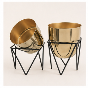 Modern Gold Metal Planters with Black Iron Stands Set of 2 Luxury Indoor Flower <b>Pots</b> for Living Room Decorative Plant <b>Holders</b> - Product Image 2
