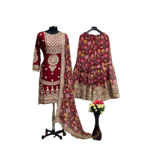 Ensemble de costume de soirée pour femmes, haut, bas et dupatta avec dentelle fantaisie - Product Image 1