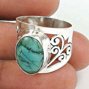 Anillo de Plata de Ley 925 de Último Diseño con Piedra Preciosa Turquesa de Corte Ovalado, Anillos Bohemios de Estilo Clásico al por Mayor - Product Image 1