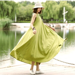 Organic Linen Bell Sleeve V-Neck Midi <b>Dress</b> with Bow Side Pockets Breathable Plain Dyed <b>Loose</b> Fit Women Vintage Daily Plus Size - Product Image 1