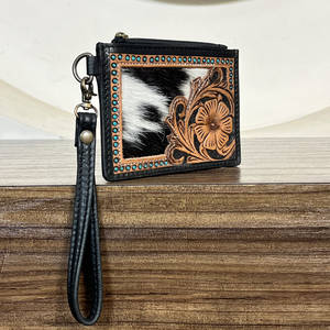 Branded Custom Hand Tooled Cowhide Leather Stylish <b>Credit</b> <b>Card</b> <b>Holder</b> Wallet Travel Shopping Use Zipper Closure Wallet for Women - Product Image 4