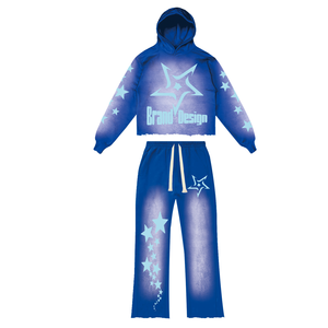 Conjunto de Sudadera con Capucha y Pantalones Acampanados de Chándal, Estilo Urbano, Vintage, Tallas Grandes, con Logotipo Personalizado, para Invierno, con Bajo sin Rematar y Borde Cortado, Lavado Ácido, DTG - Product Image 4