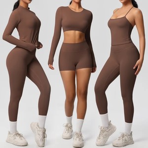 Ensemble de yoga 2 pièces sans couture à manches longues, froncé, taille haute, col rond, couleur unie, longueur intégrale, en Spandex/Nylon extensible dans les quatre sens - Product Image 6