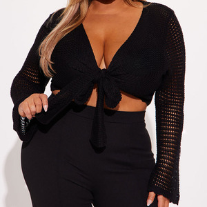 New Arrival <b>Crocheted</b> Top Women's <b>Black</b> Knitted Crop Top Long Sleeve V-Neck Bow Front Hollow Sexy Club Wear Summer Top - Product Image 3