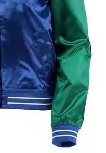 Custom Satin Blue Hooded Varsity <b>Jacket</b> Green Sleeves Patchwork Cartoon Design 100% Wool Premium Quality College Letterman - Product Image 3