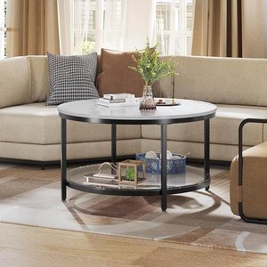 Modern Round Marble Finish Coffee Table with Metal Frame and Open Storage Shelf for Living Room - Product Image 1
