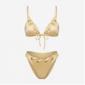 Women's Beige <b>Bikini</b> <b>Set</b> With Ring Detail Lace-Up Top And Tie Side Bottoms - Product Image 1