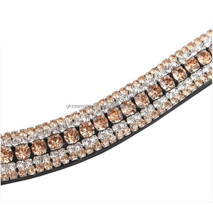 Bandes de sourcils de cheval équestre en cuir véritable de haute qualité avec cinq rangées de cristaux blancs et dorés couleurs personnalisées au meilleur prix - Product Image 3